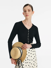 a lady in a black wool v-neck knit top